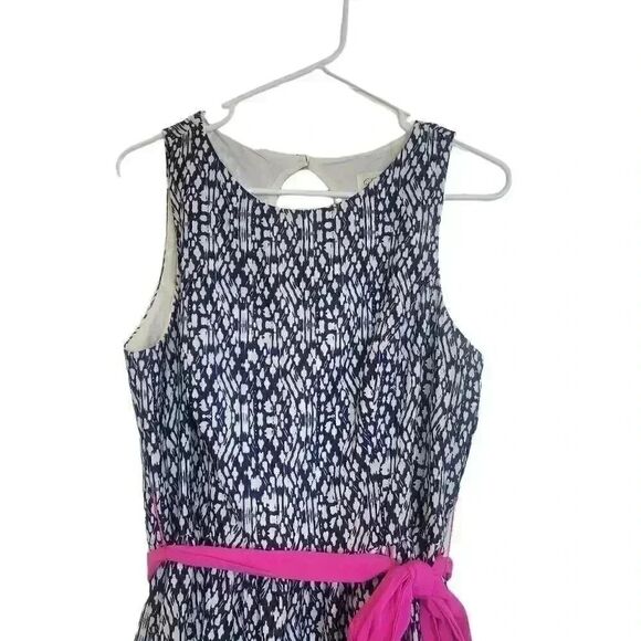 Eliza J Women's Navy & White Poly Print Colorful Striped Ribbons Pink Sash Sleev - Picture 4 of 14